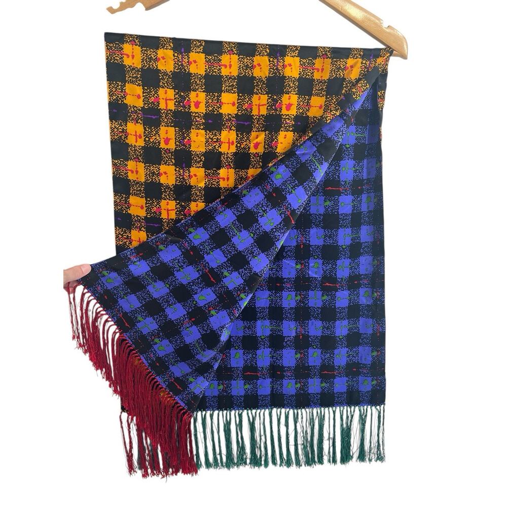 Gai Mattiolo Reversible Colorful Check Silk Fringe Scarf 46x17 Double Layer